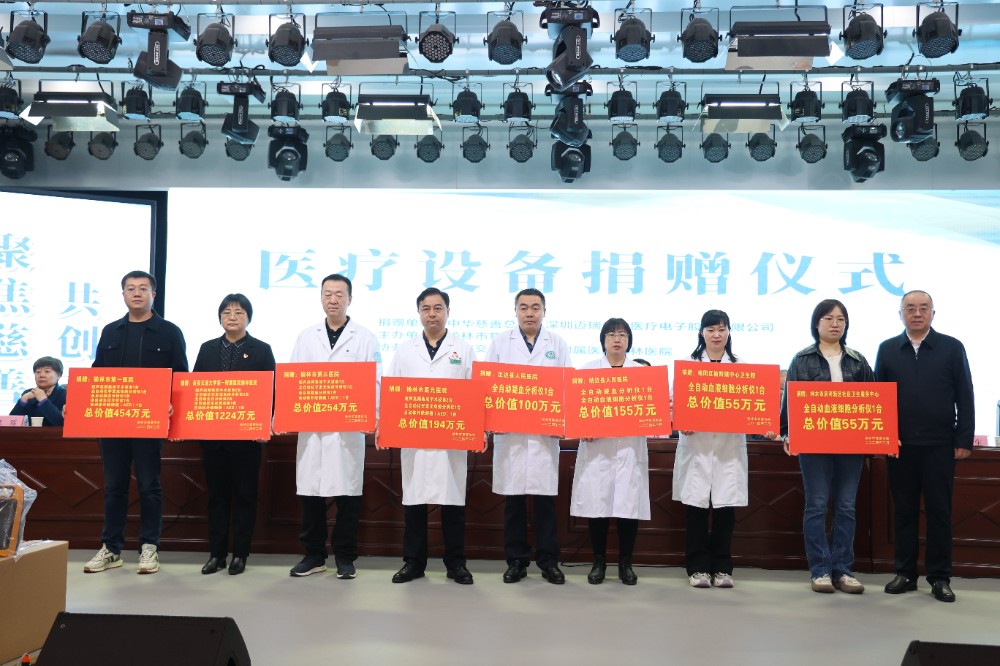 4.榆林市卫生健康委员会党组成员、副主任王东林（右1）向受助单位颁发医疗设备捐赠牌.JPG