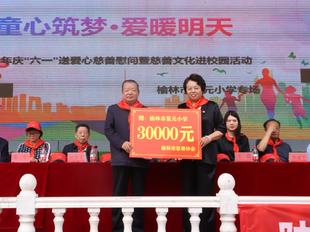 4.榆林市慈善协会副会长兼秘书长钟开有向星元小学校长王燕递交捐赠牌.JPG