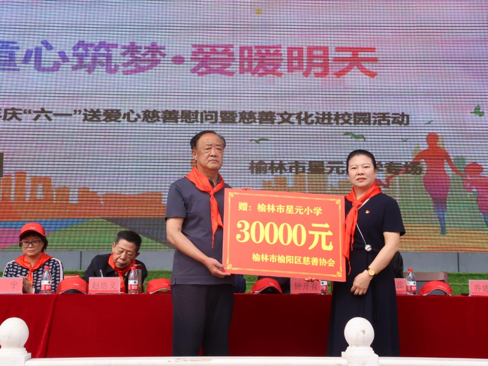 5.榆阳区慈善协会副会长乔建平向星元小学副书记刘顺利递交捐赠牌.JPG